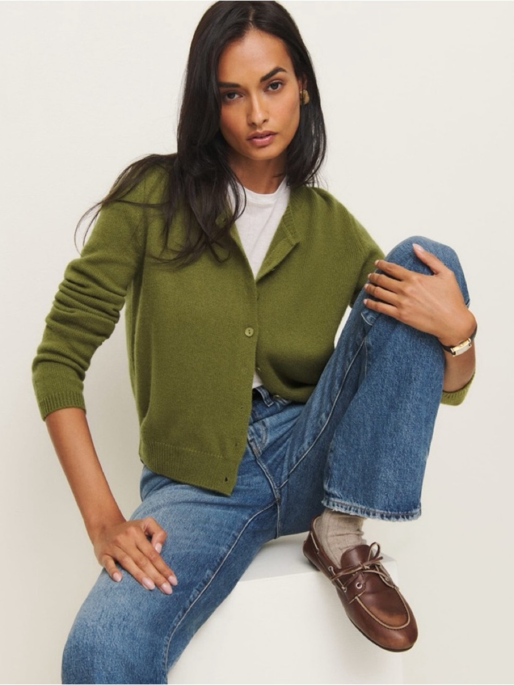 Reformation Clara Cashmere Cardigan in moss size small